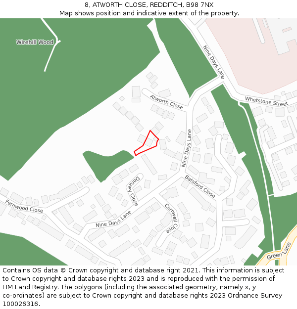 8, ATWORTH CLOSE, REDDITCH, B98 7NX: Location map and indicative extent of plot