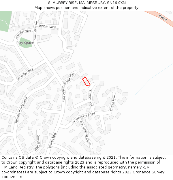 8, AUBREY RISE, MALMESBURY, SN16 9XN: Location map and indicative extent of plot