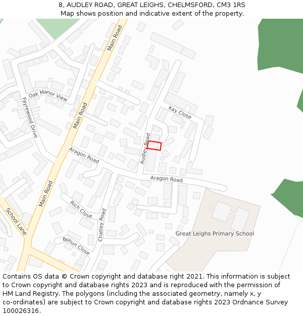 8, AUDLEY ROAD, GREAT LEIGHS, CHELMSFORD, CM3 1RS: Location map and indicative extent of plot
