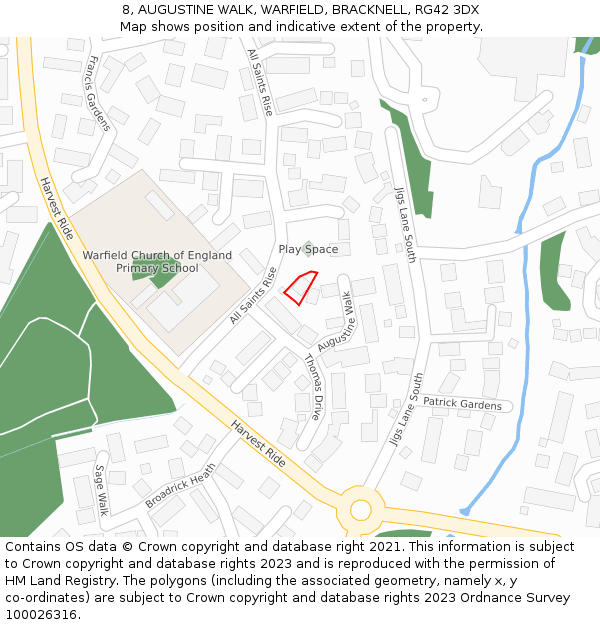 8, AUGUSTINE WALK, WARFIELD, BRACKNELL, RG42 3DX: Location map and indicative extent of plot