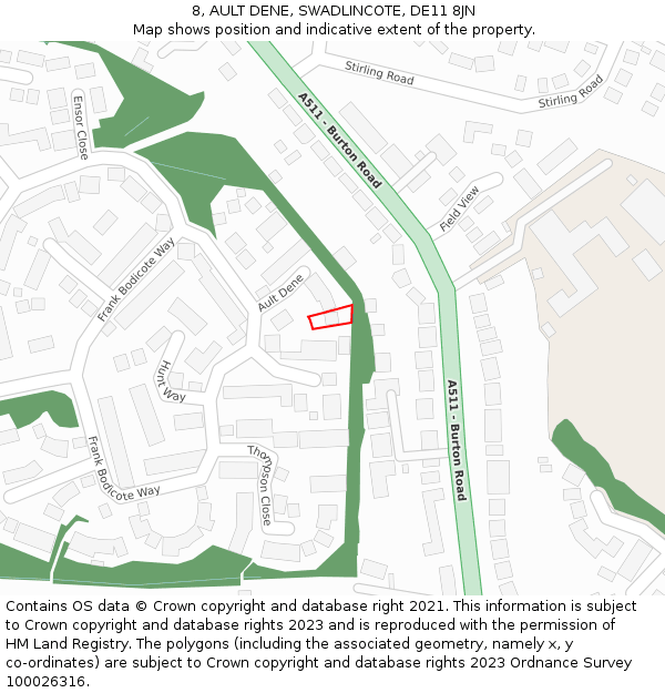 8, AULT DENE, SWADLINCOTE, DE11 8JN: Location map and indicative extent of plot