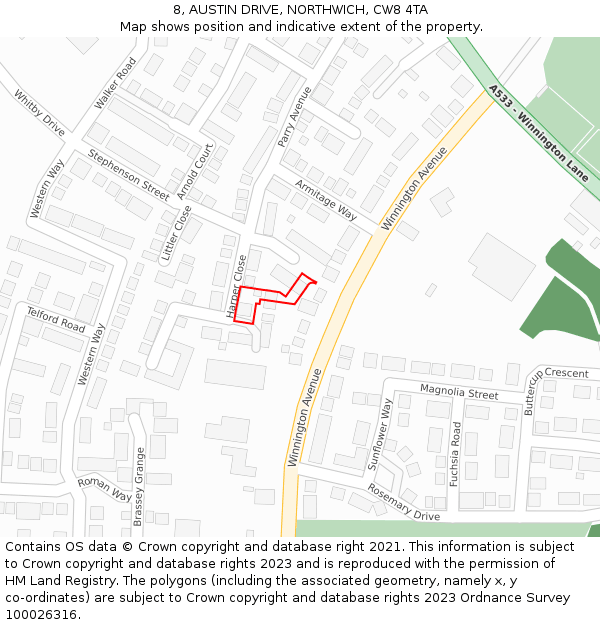 8, AUSTIN DRIVE, NORTHWICH, CW8 4TA: Location map and indicative extent of plot