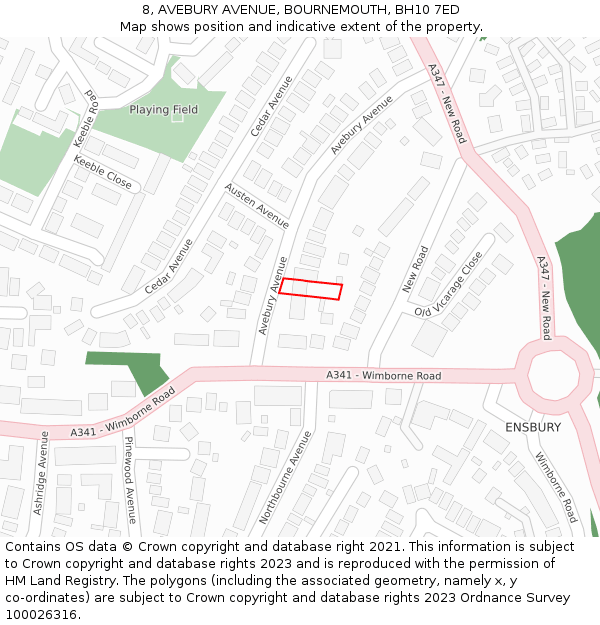 8, AVEBURY AVENUE, BOURNEMOUTH, BH10 7ED: Location map and indicative extent of plot