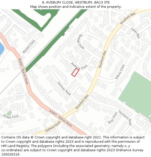 8, AVEBURY CLOSE, WESTBURY, BA13 3TE: Location map and indicative extent of plot