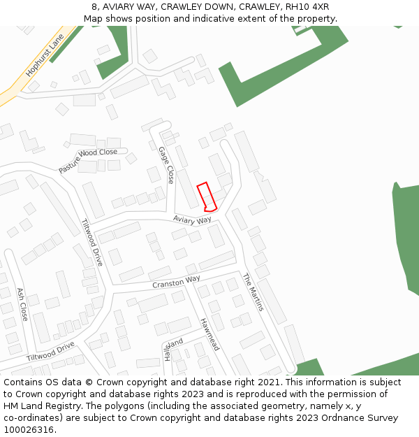 8, AVIARY WAY, CRAWLEY DOWN, CRAWLEY, RH10 4XR: Location map and indicative extent of plot