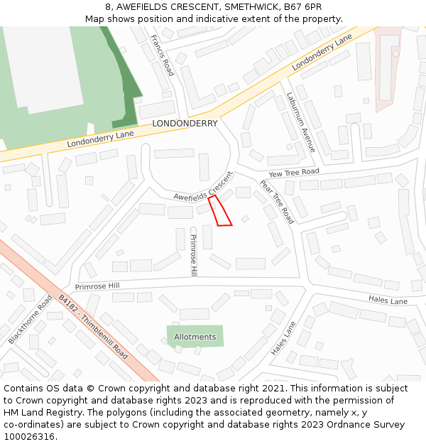 8, AWEFIELDS CRESCENT, SMETHWICK, B67 6PR: Location map and indicative extent of plot