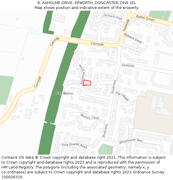 8, AXHOLME DRIVE, EPWORTH, DONCASTER, DN9 1EL: Location map and indicative extent of plot