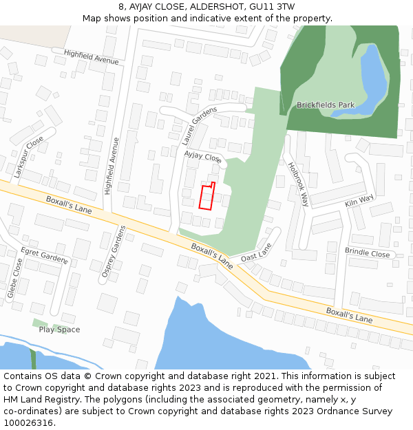 8, AYJAY CLOSE, ALDERSHOT, GU11 3TW: Location map and indicative extent of plot