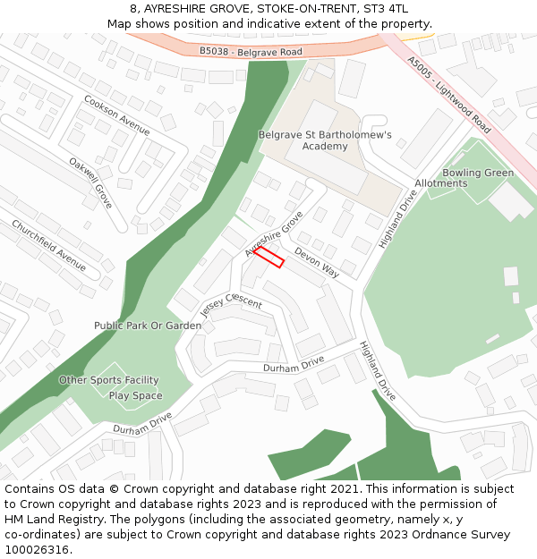 8, AYRESHIRE GROVE, STOKE-ON-TRENT, ST3 4TL: Location map and indicative extent of plot