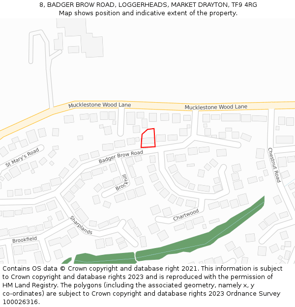 8, BADGER BROW ROAD, LOGGERHEADS, MARKET DRAYTON, TF9 4RG: Location map and indicative extent of plot