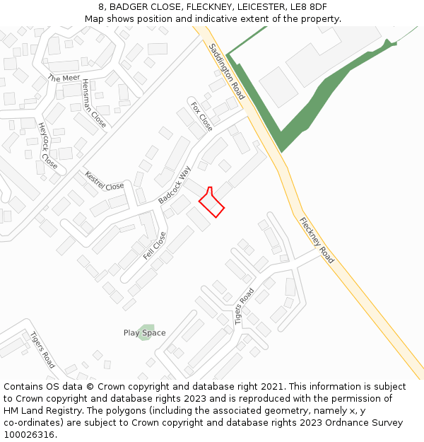 8, BADGER CLOSE, FLECKNEY, LEICESTER, LE8 8DF: Location map and indicative extent of plot