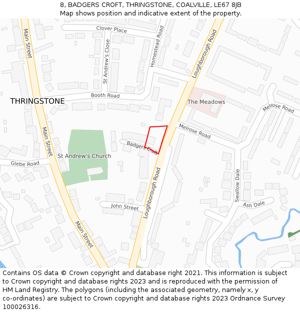 8, BADGERS CROFT, THRINGSTONE, COALVILLE, LE67 8JB: Location map and indicative extent of plot