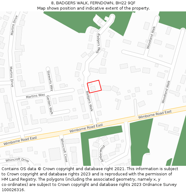 8, BADGERS WALK, FERNDOWN, BH22 9QF: Location map and indicative extent of plot