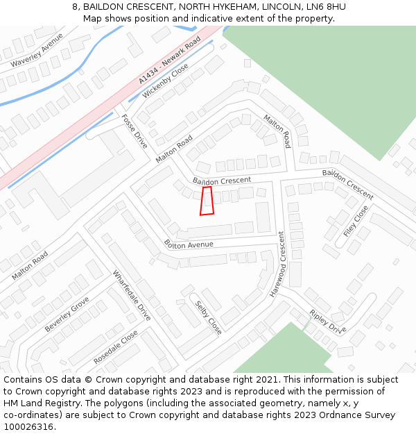 8, BAILDON CRESCENT, NORTH HYKEHAM, LINCOLN, LN6 8HU: Location map and indicative extent of plot