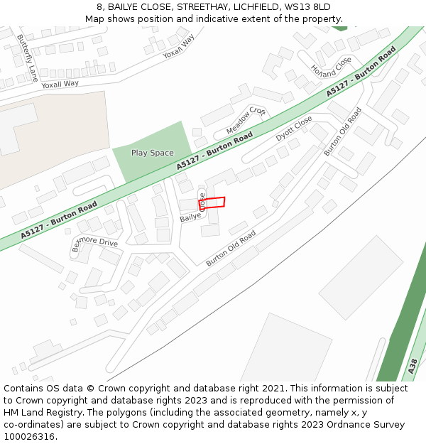 8, BAILYE CLOSE, STREETHAY, LICHFIELD, WS13 8LD: Location map and indicative extent of plot