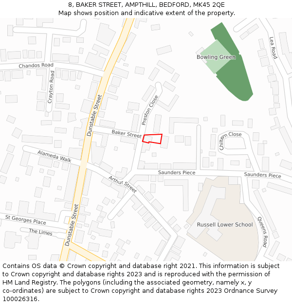 8, BAKER STREET, AMPTHILL, BEDFORD, MK45 2QE: Location map and indicative extent of plot