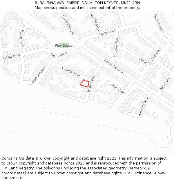 8, BALBINA WAY, FAIRFIELDS, MILTON KEYNES, MK11 4BN: Location map and indicative extent of plot