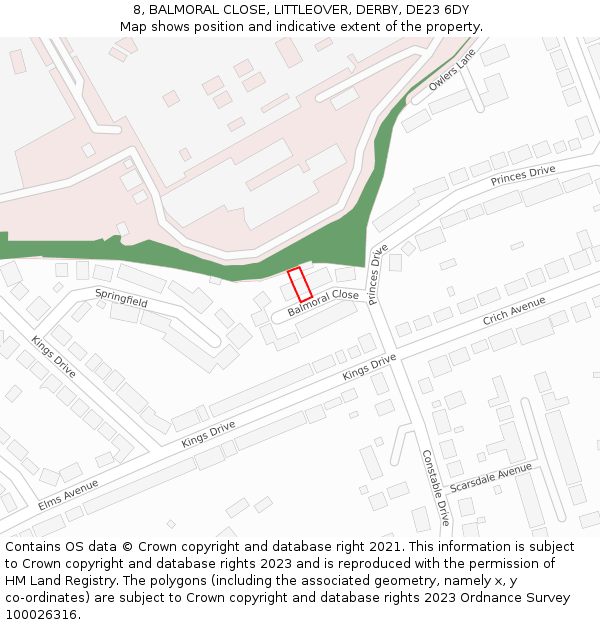 8, BALMORAL CLOSE, LITTLEOVER, DERBY, DE23 6DY: Location map and indicative extent of plot