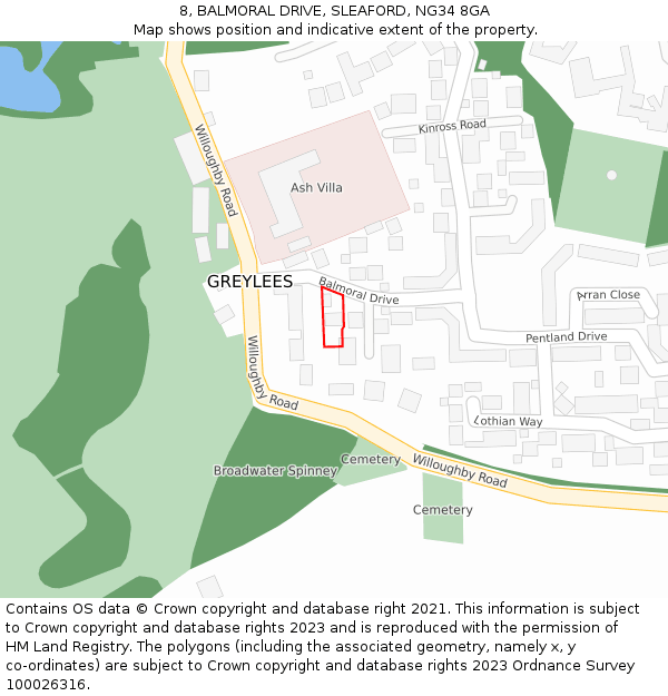 8, BALMORAL DRIVE, SLEAFORD, NG34 8GA: Location map and indicative extent of plot