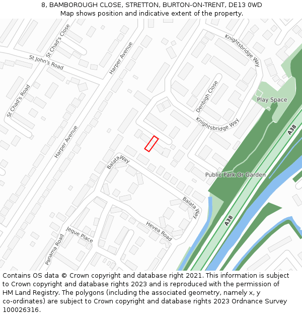 8, BAMBOROUGH CLOSE, STRETTON, BURTON-ON-TRENT, DE13 0WD: Location map and indicative extent of plot