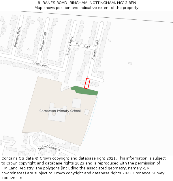 8, BANES ROAD, BINGHAM, NOTTINGHAM, NG13 8EN: Location map and indicative extent of plot