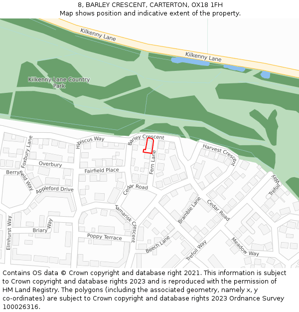 8, BARLEY CRESCENT, CARTERTON, OX18 1FH: Location map and indicative extent of plot