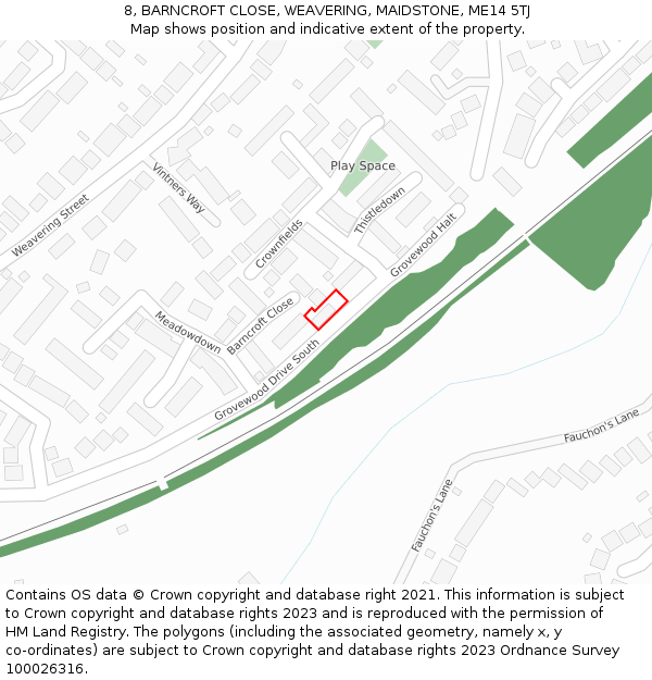 8, BARNCROFT CLOSE, WEAVERING, MAIDSTONE, ME14 5TJ: Location map and indicative extent of plot