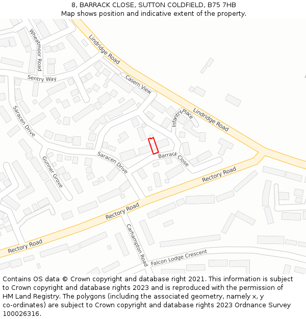 8, BARRACK CLOSE, SUTTON COLDFIELD, B75 7HB: Location map and indicative extent of plot
