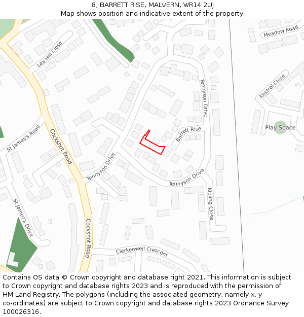 8, BARRETT RISE, MALVERN, WR14 2UJ: Location map and indicative extent of plot