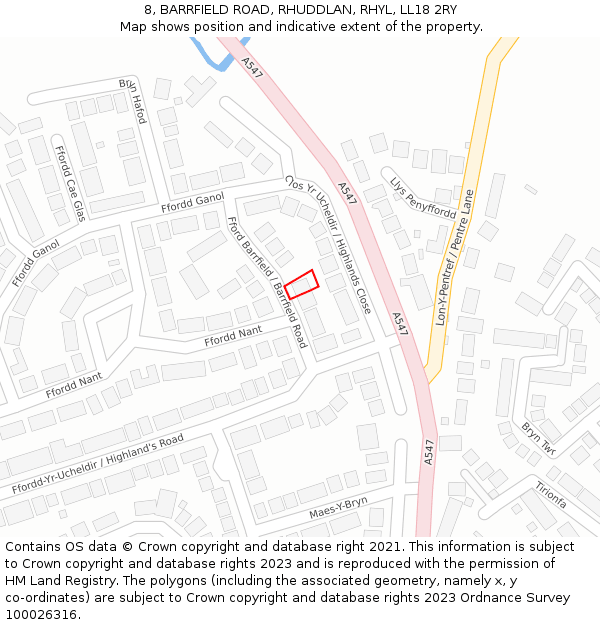 8, BARRFIELD ROAD, RHUDDLAN, RHYL, LL18 2RY: Location map and indicative extent of plot