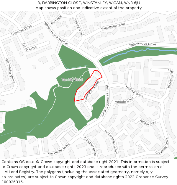 8, BARRINGTON CLOSE, WINSTANLEY, WIGAN, WN3 6JU: Location map and indicative extent of plot