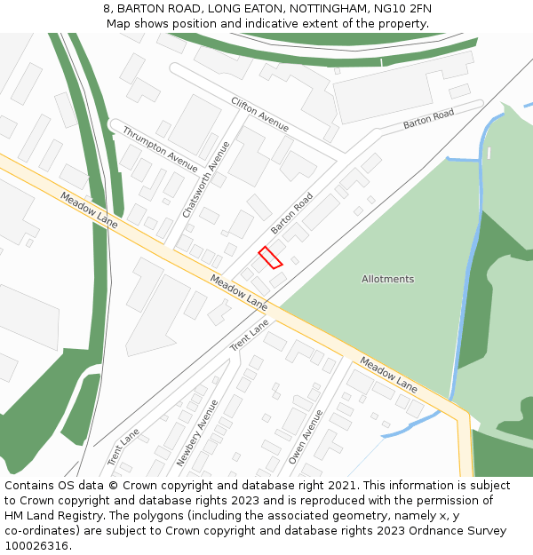 8, BARTON ROAD, LONG EATON, NOTTINGHAM, NG10 2FN: Location map and indicative extent of plot