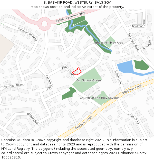 8, BASHKIR ROAD, WESTBURY, BA13 3GY: Location map and indicative extent of plot