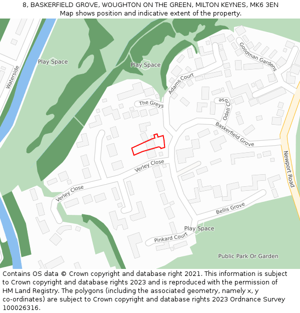 8, BASKERFIELD GROVE, WOUGHTON ON THE GREEN, MILTON KEYNES, MK6 3EN: Location map and indicative extent of plot