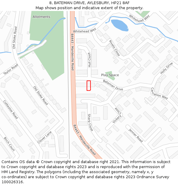 8, BATEMAN DRIVE, AYLESBURY, HP21 8AF: Location map and indicative extent of plot