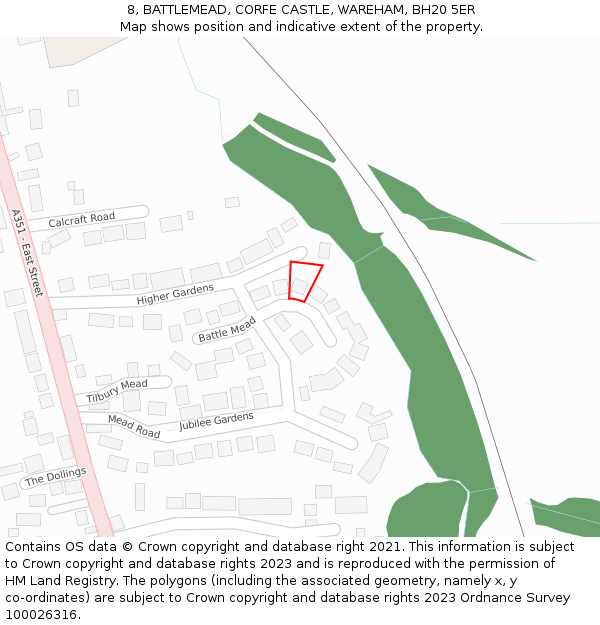 8, BATTLEMEAD, CORFE CASTLE, WAREHAM, BH20 5ER: Location map and indicative extent of plot