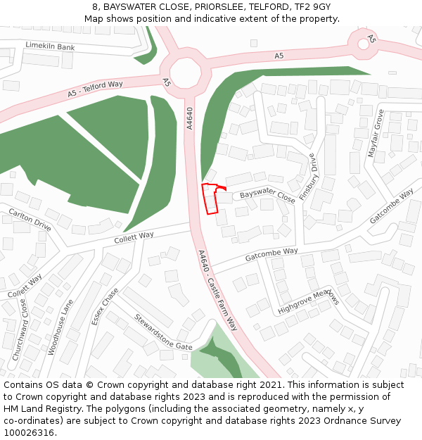 8, BAYSWATER CLOSE, PRIORSLEE, TELFORD, TF2 9GY: Location map and indicative extent of plot