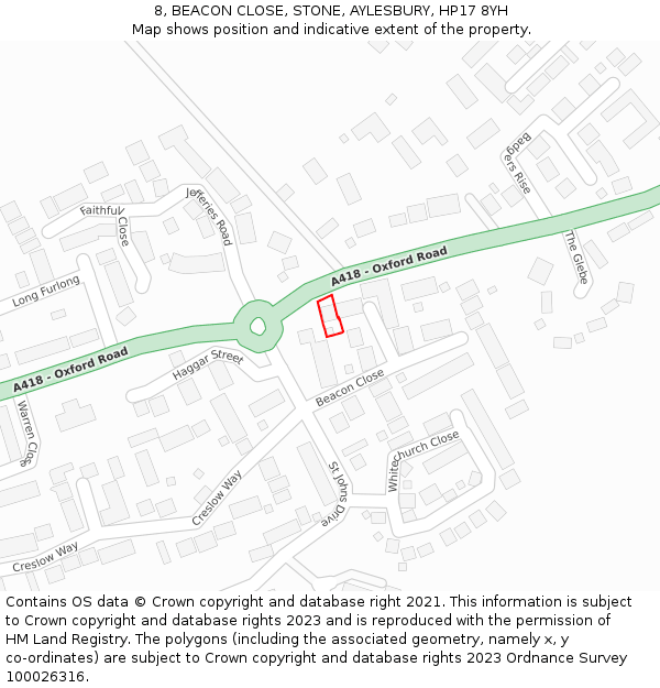 8, BEACON CLOSE, STONE, AYLESBURY, HP17 8YH: Location map and indicative extent of plot