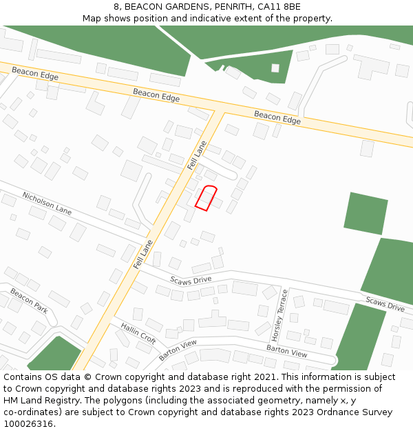 8, BEACON GARDENS, PENRITH, CA11 8BE: Location map and indicative extent of plot