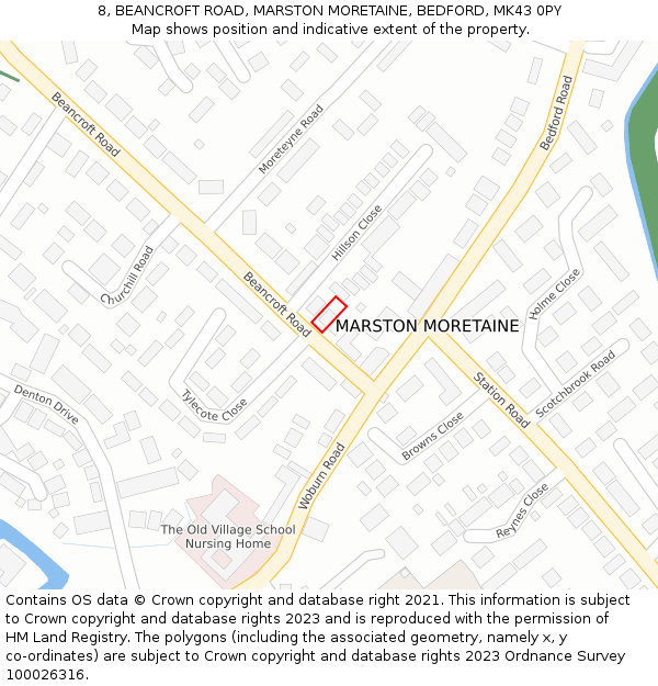 8, BEANCROFT ROAD, MARSTON MORETAINE, BEDFORD, MK43 0PY: Location map and indicative extent of plot