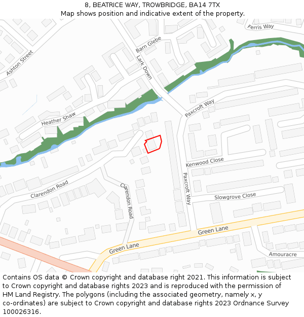 8, BEATRICE WAY, TROWBRIDGE, BA14 7TX: Location map and indicative extent of plot