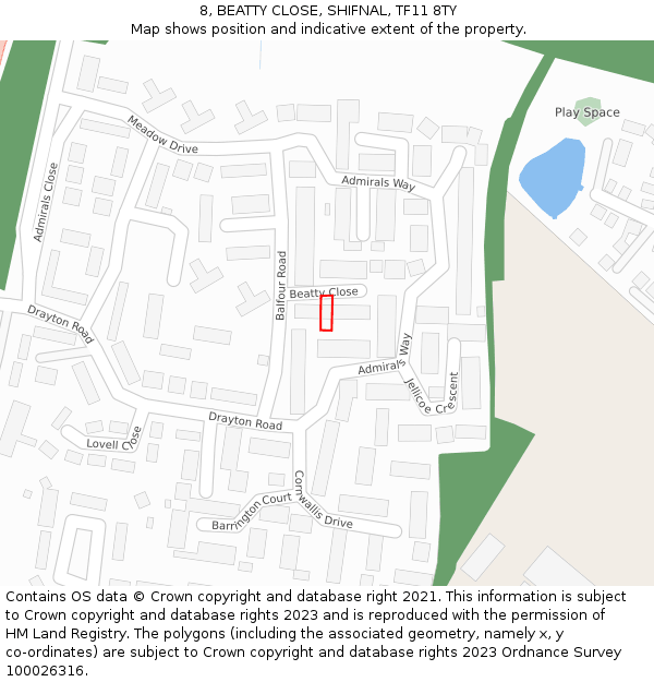 8, BEATTY CLOSE, SHIFNAL, TF11 8TY: Location map and indicative extent of plot