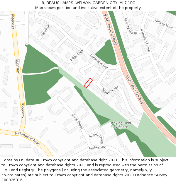 8, BEAUCHAMPS, WELWYN GARDEN CITY, AL7 1FG: Location map and indicative extent of plot