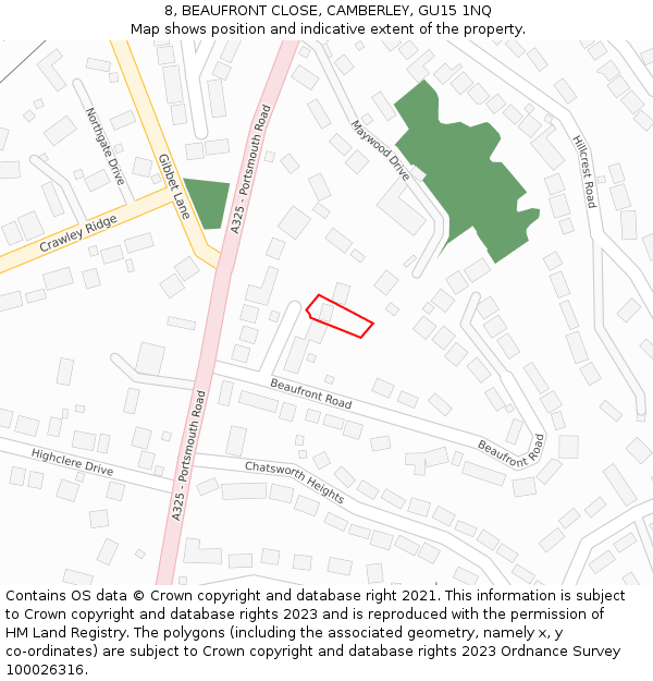 8, BEAUFRONT CLOSE, CAMBERLEY, GU15 1NQ: Location map and indicative extent of plot