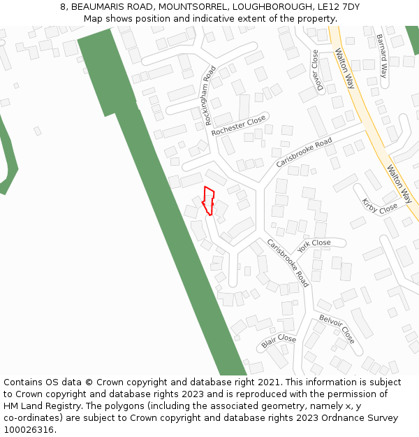 8, BEAUMARIS ROAD, MOUNTSORREL, LOUGHBOROUGH, LE12 7DY: Location map and indicative extent of plot