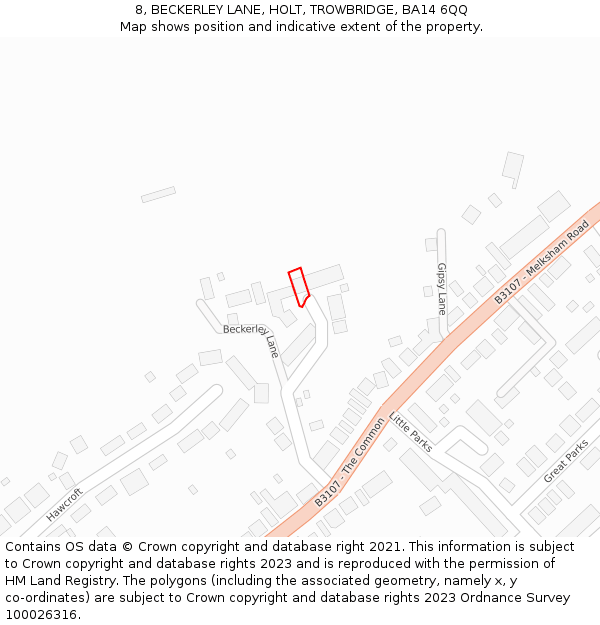 8, BECKERLEY LANE, HOLT, TROWBRIDGE, BA14 6QQ: Location map and indicative extent of plot