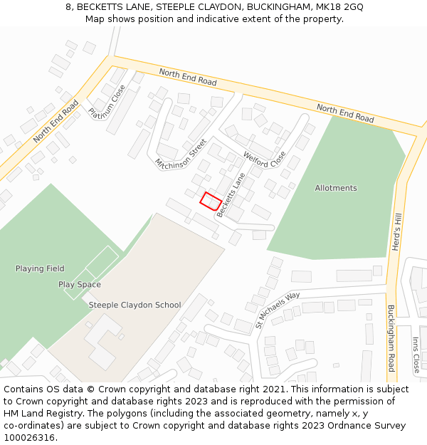 8, BECKETTS LANE, STEEPLE CLAYDON, BUCKINGHAM, MK18 2GQ: Location map and indicative extent of plot