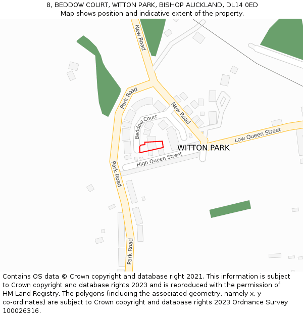 8, BEDDOW COURT, WITTON PARK, BISHOP AUCKLAND, DL14 0ED: Location map and indicative extent of plot