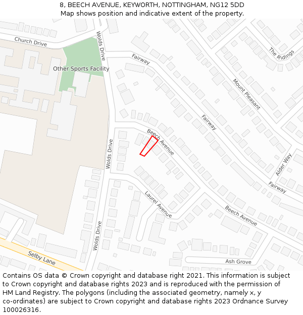 8, BEECH AVENUE, KEYWORTH, NOTTINGHAM, NG12 5DD: Location map and indicative extent of plot