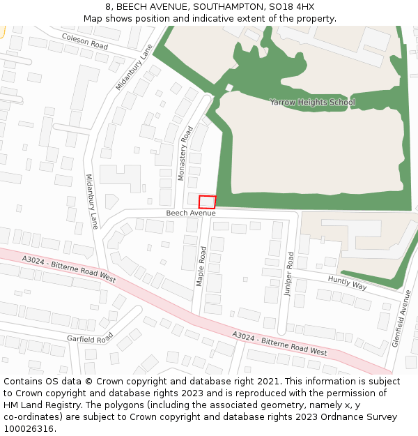 8, BEECH AVENUE, SOUTHAMPTON, SO18 4HX: Location map and indicative extent of plot